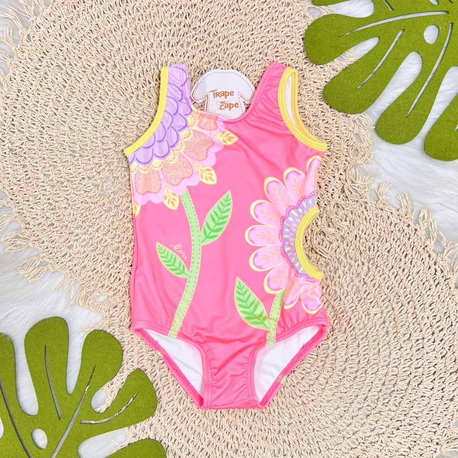 Linha Praia - Maiô com Proteção FPS 50 - Flores - Rosa Neon